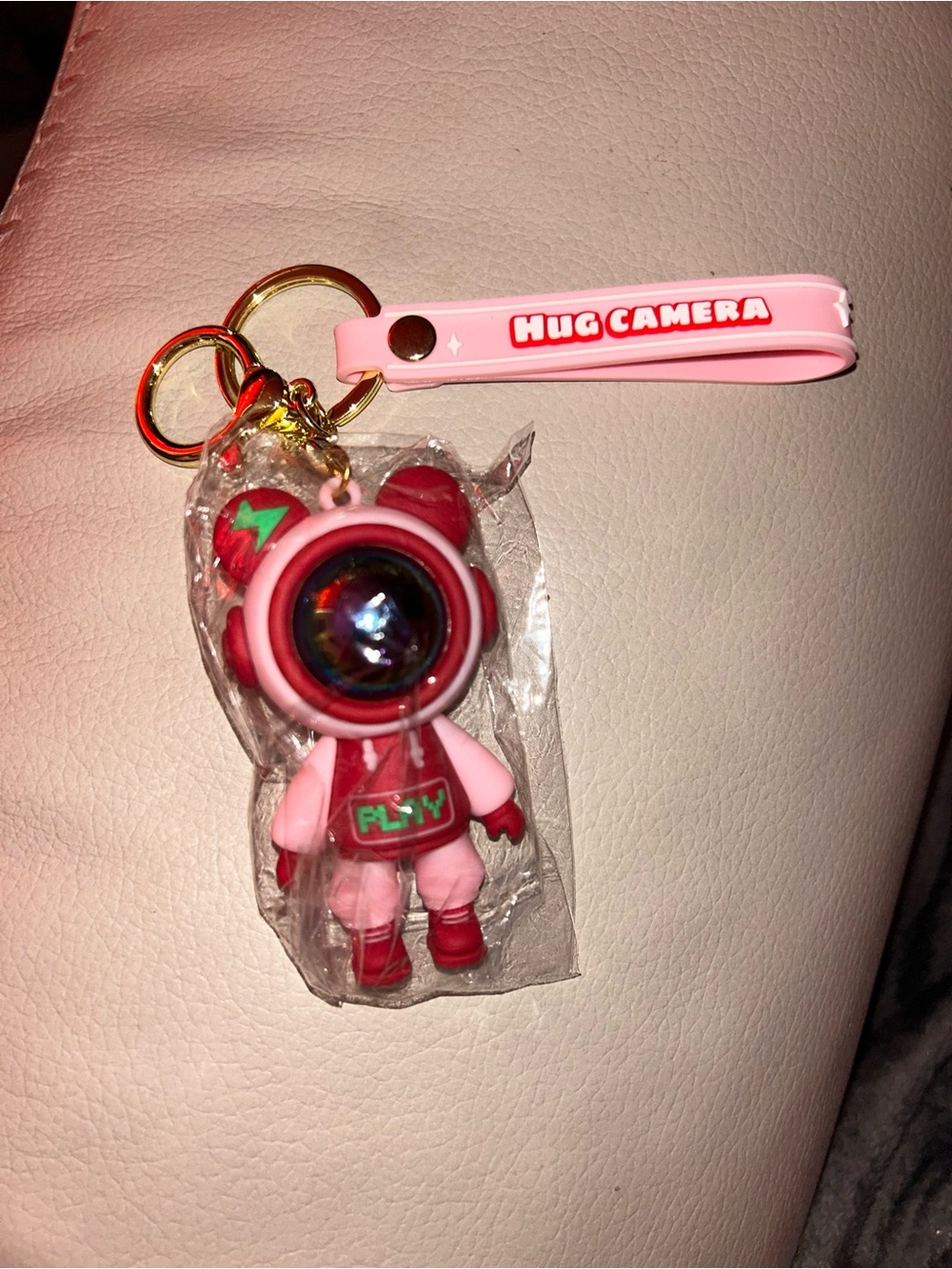 Pink Hug Camera Bear Keychain for Kids